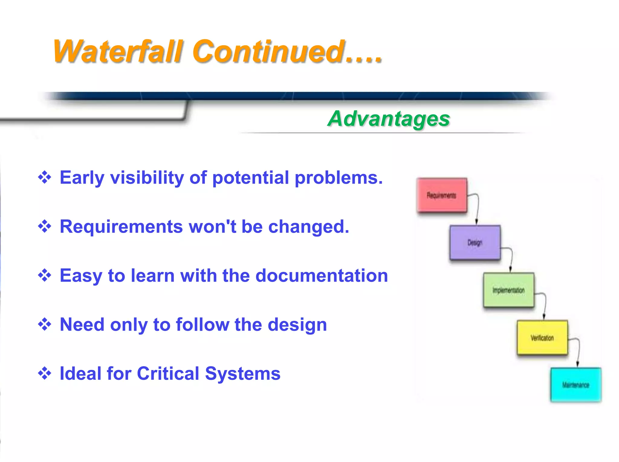 Waterfall Continued….

                                  Advantages

 Early visibility of potential problems.

 Requirements won't be changed.

 Easy to learn with the documentation

 Need only to follow the design

 Ideal for Critical Systems

                                            Presented By
                                            Harry Mills / PRESENTATIONPRO
 