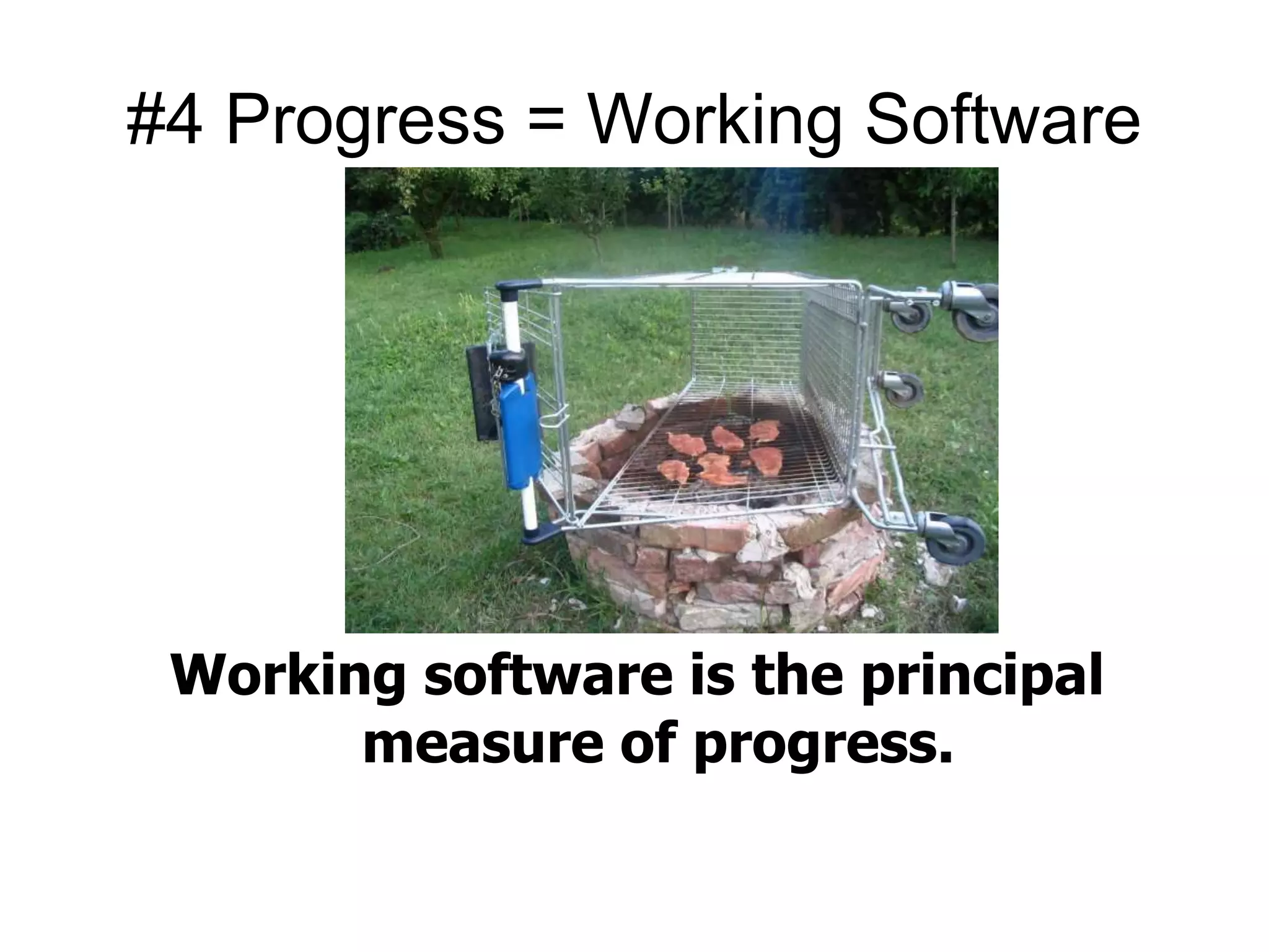 #4 Progress = Working Software 
Working software is the principal 
measure of progress. 
 
