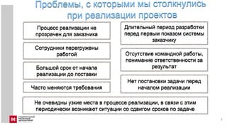 3
Процесс реализации не
прозрачен для заказчика
Сотрудники перегружены
работой
Большой срок от начала
реализации до поставки
Длительный период разработки
перед первым показом системы
заказчику
Отсутствие командной работы,
понимание ответственности за
результат
Не очевидны узкие места в процессе реализации, в связи с этим
периодически возникают ситуации со сдвигом сроков по задаче
Часто меняются требования
Нет постановки задачи перед
началом реализации
 