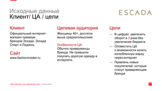 Исходные данные
Клиент/ ЦА / цели
Клиент
Официальный интернет-
магазин премиум
брендов Эскада, Эскада
Спорт и Лаурель
Сайт
www.fashioninsider.ru
Целевая аудитория
Женщины 40+, достаток
выше среднего/высокий
Особенности ЦА:
Обычно приверженцы
бренда. Не привыкли
покупать дорогую одежду в
интернете.
Цели
— В цифрах: увеличить
оборот в 3 раза без
увеличения бюджета
— Оповестить ЦА
о возможности купить
излюбленную марку
через интернет
— Привлечь новых
покупателей, которые
станут приверженцем
бренда
 