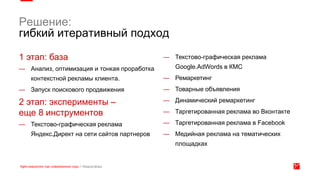 1 этап: база
— Анализ, оптимизация и тонкая проработка
контекстной рекламы клиента.
— Запуск поискового продвижения
2 этап: эксперименты –
еще 8 инструментов
— Текстово-графическая реклама
Яндекс.Директ на сети сайтов партнеров
— Текстово-графическая реклама
Google.AdWords в КМС
— Ремаркетинг
— Товарные объявления
— Динамический ремаркетинг
— Таргетированная реклама во Вконтакте
— Таргетированная реклама в Facebook
— Медийная реклама на тематических
площадках
Решение:
гибкий итеративный подход
 