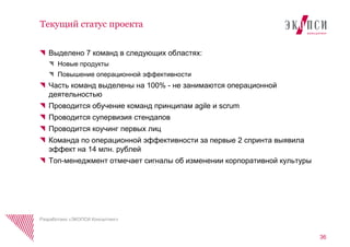 Выделено 7 команд в следующих областях:
Новые продукты
Повышение операционной эффективности
Часть команд выделены на 100% - не занимаются операционной
деятельностью
Проводится обучение команд принципам agile и scrum
Проводится супервизия стендапов
Проводится коучинг первых лиц
Команда по операционной эффективности за первые 2 спринта выявила
эффект на 14 млн. рублей
Топ-менеджмент отмечает сигналы об изменении корпоративной культуры
36
Текущий статус проекта
Разработано «ЭКОПСИ Консалтинг»
 