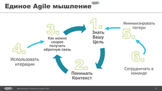 15Agile Business Conference Almaty 2017
Единое Agile мышление
Знать
Вашу
Цель
Понимать
Контекст
Как можно
скорее
получать
обратную связь
Использовать
итерации
Сотрудничать в
команде
Минимизировать
потери
 