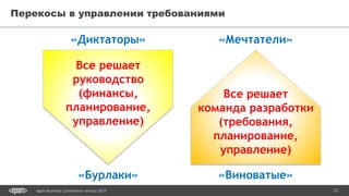 23Agile Business Conference Almaty 2017
Перекосы в управлении требованиями
Все решает
руководство
(финансы,
планирование,
управление)
Все решает
команда разработки
(требования,
планирование,
управление)
«Диктаторы»
«Бурлаки»
«Мечтатели»
«Виноватые»
 