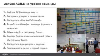 6Agile Business Conference Almaty 2017
1. Собрать ВСЮ команду вместе.
2. Выстроить доверие и личные связи.
3. Определить «Как Мы Работаем?».
4. Разработать Манифест команды (правила и
ценности).
5. Обучить Agile и (например) Scrum.
6. Создать Определение выполненной работы
(Definition of Done).
7. Определить единую цель и видение.
8. Запланировать релиз и первый спринт.
Запуск AGILE на уровне команды
 