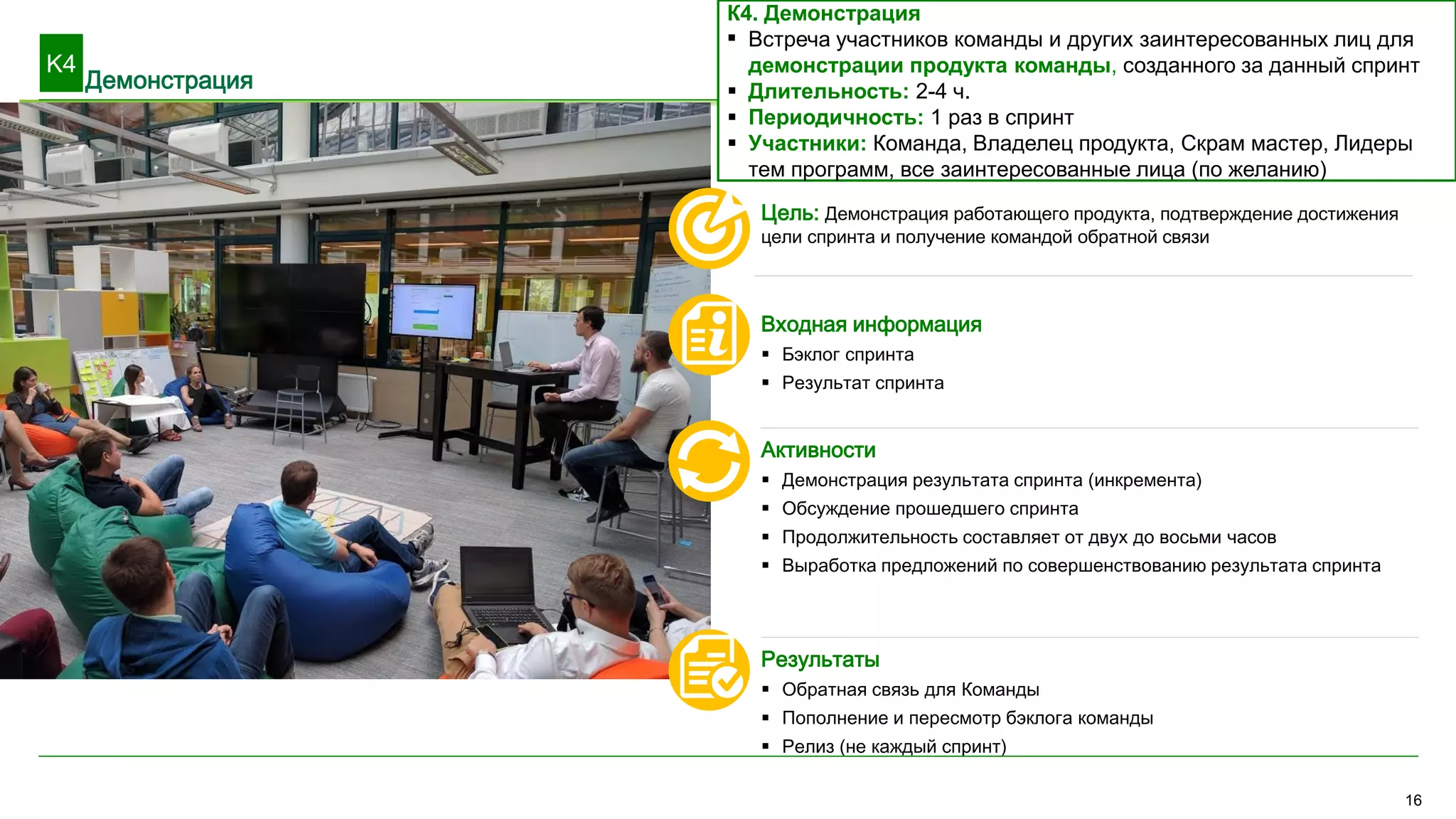 Демонстрация
16
Цель: Демонстрация работающего продукта, подтверждение достижения
цели спринта и получение командой обратной связи
Входная информация
 Бэклог спринта
 Результат спринта
Активности
 Демонстрация результата спринта (инкремента)
 Обсуждение прошедшего спринта
 Продолжительность составляет от двух до восьми часов
 Выработка предложений по совершенствованию результата спринта
Результаты
 Обратная связь для Команды
 Пополнение и пересмотр бэклога команды
 Релиз (не каждый спринт)
K4
К4. Демонстрация
▪ Встреча участников команды и других заинтересованных лиц для
демонстрации продукта команды, созданного за данный спринт
 Длительность: 2-4 ч.
 Периодичность: 1 раз в спринт
 Участники: Команда, Владелец продукта, Скрам мастер, Лидеры
тем программ, все заинтересованные лица (по желанию)
 