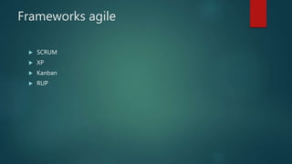 Frameworks agile
 SCRUM
 XP
 Kanban
 RUP
 
