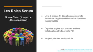 Les Roles Scrum
Scrum Team (équipe de
développement)
Sources : https://fr.wikipedia.org/wiki/Scrum_(Boite_%C3%A0_outils)
https://www.slideshare.net/MeiyiGuo/foodservice-system-at-university-place
● Livre à chaque fin d'itération une nouvelle
version de l'application enrichie de nouvelles
fonctionnalités
● Organise et gère son propre travail en
collaboration étroite avec le PO
● Ne peut pas être multi-produits
 