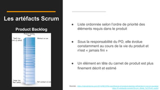 Les artéfacts Scrum
Product Backlog
Sources : https://manojkhanna.com/2014/09/23/the-significance-of-product-backlog-refinement-in-scrum-success/
https://fr.wikipedia.org/wiki/Scrum_(Boite_%C3%A0_outils)
● Liste ordonnée selon l’ordre de priorité des
éléments requis dans le produit
● Sous la responsabilité du PO, elle évolue
constamment au cours de la vie du produit et
n'est « jamais fini »
● Un élément en tête du carnet de produit est plus
finement décrit et estimé
 