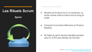 Les Rituels Scrum
Sprint
Sources : https://fr.wikipedia.org/wiki/Scrum_(Boite_%C3%A0_outils)
http://varunm.com/tag/scrum-development/
● Itération de livraison de 2 à 4 semaines. La
durée choisie reste la même tout au long du
projet.
● Composé d’une liste d’éléments du Product
Backlog
● Si l'objet du sprint devient obsolète pendant
celui-ci, le PO peut décider de l'annuler
 