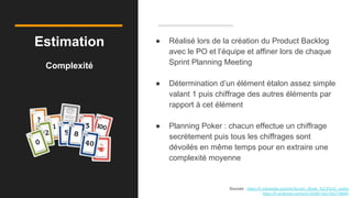Estimation
Complexité
Sources : https://fr.wikipedia.org/wiki/Scrum_(Boite_%C3%A0_outils)
https://fr.pinterest.com/pin/320881542183218680/
● Réalisé lors de la création du Product Backlog
avec le PO et l’équipe et affiner lors de chaque
Sprint Planning Meeting
● Détermination d’un élément étalon assez simple
valant 1 puis chiffrage des autres éléments par
rapport à cet élément
● Planning Poker : chacun effectue un chiffrage
secrètement puis tous les chiffrages sont
dévoilés en même temps pour en extraire une
complexité moyenne
 