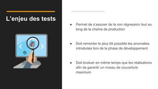 L’enjeu des tests
● Permet de s’assurer de la non régression tout au
long de la chaîne de production
● Doit remonter le plus tôt possible les anomalies
introduites lors de la phase de développement
● Doit évoluer en même temps que les réalisations
afin de garantir un niveau de couverture
maximum
 