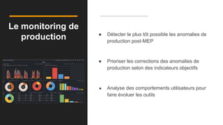 Le monitoring de
production ● Détecter le plus tôt possible les anomalies de
production post-MEP
● Prioriser les corrections des anomalies de
production selon des indicateurs objectifs
● Analyse des comportements utilisateurs pour
faire évoluer les outils
 