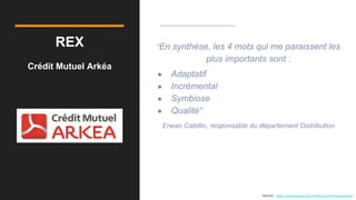 REX
Crédit Mutuel Arkéa
“En synthèse, les 4 mots qui me paraissent les
plus importants sont :
● Adaptatif
● Incrémental
● Symbiose
● Qualité“
Erwan Cabillic, responsable du département Distribution
Source : https://exeisconseil.com/index.php/rex-agile-arkea
 