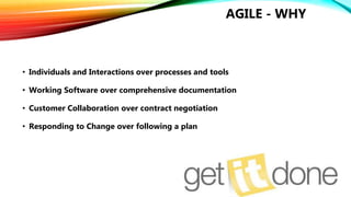 SOFTWARE ENGINEERING PROCESS
AGILE - WHY
• Individuals and Interactions over processes and tools
• Working Software over comprehensive documentation
• Customer Collaboration over contract negotiation
• Responding to Change over following a plan
 