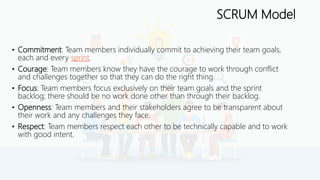 SCRUM Model
• Commitment: Team members individually commit to achieving their team goals,
each and every sprint.
• Courage: Team members know they have the courage to work through conflict
and challenges together so that they can do the right thing.
• Focus: Team members focus exclusively on their team goals and the sprint
backlog; there should be no work done other than through their backlog.
• Openness: Team members and their stakeholders agree to be transparent about
their work and any challenges they face.
• Respect: Team members respect each other to be technically capable and to work
with good intent.
 