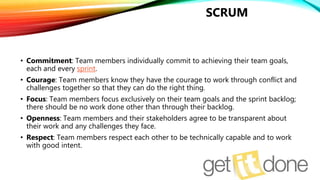 SOFTWARE ENGINEERING PROCESS
SCRUM
• Commitment: Team members individually commit to achieving their team goals,
each and every sprint.
• Courage: Team members know they have the courage to work through conflict and
challenges together so that they can do the right thing.
• Focus: Team members focus exclusively on their team goals and the sprint backlog;
there should be no work done other than through their backlog.
• Openness: Team members and their stakeholders agree to be transparent about
their work and any challenges they face.
• Respect: Team members respect each other to be technically capable and to work
with good intent.
 