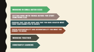 WORKING IN SMALL BATCH SIZES
GETTING DONE WITH THINGS BEFORE YOU START
SOMETHING ELSE
PROVING THAT YOU ARE DONE AND THAT YOU HAVE CREATED WHAT
YOUR TEAM COMMITTED TO CREATE
TAKING RESPONSIBILITY AND ACCOUNTABILITY FOR WHAT YOU
COMMIT TO DOING
WORKING TOGETHER
CONSTANTLY LEARNING
 