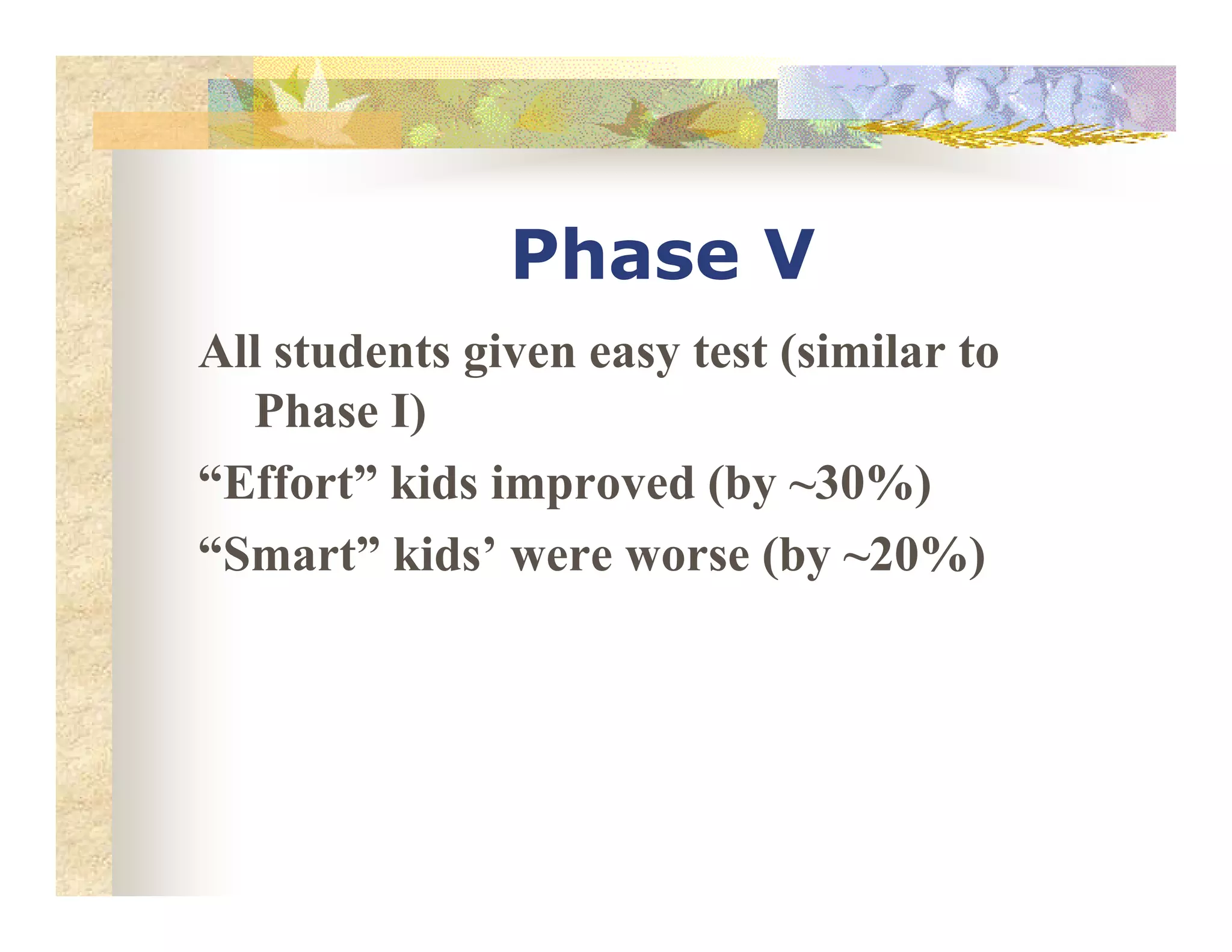 Phase V
All students given easy test (similar to
Phase I)
“Effort” kids improved (by ~30%)“Effort” kids improved (by ~30%)
“Smart” kids’ were worse (by ~20%)
 