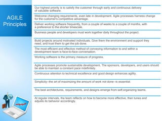 Our highest priority is to satisfy the customer through early and continuous delivery
of valuable software.
Welcome changing requirements, even late in development. Agile processes harness change
for the customer's competitive advantage.
Deliver working software frequently, from a couple of weeks to a couple of months, with
a preference to the shorter timescale.
Business people and developers must work together daily throughout the project.
Build projects around motivated individuals. Give them the environment and support they
need, and trust them to get the job done.
The most efficient and effective method of conveying information to and within a
development team is face-to-face conversation.
Working software is the primary measure of progress.
Agile processes promote sustainable development. The sponsors, developers, and users should
be able to maintain a constant pace indefinitely.
Continuous attention to technical excellence and good design enhances agility.
Simplicity--the art of maximizing the amount of work not done--is essential.
The best architectures, requirements, and designs emerge from self-organizing teams.
At regular intervals, the team reflects on how to become more effective, then tunes and
adjusts its behavior accordingly.
AGILE
Principles
 