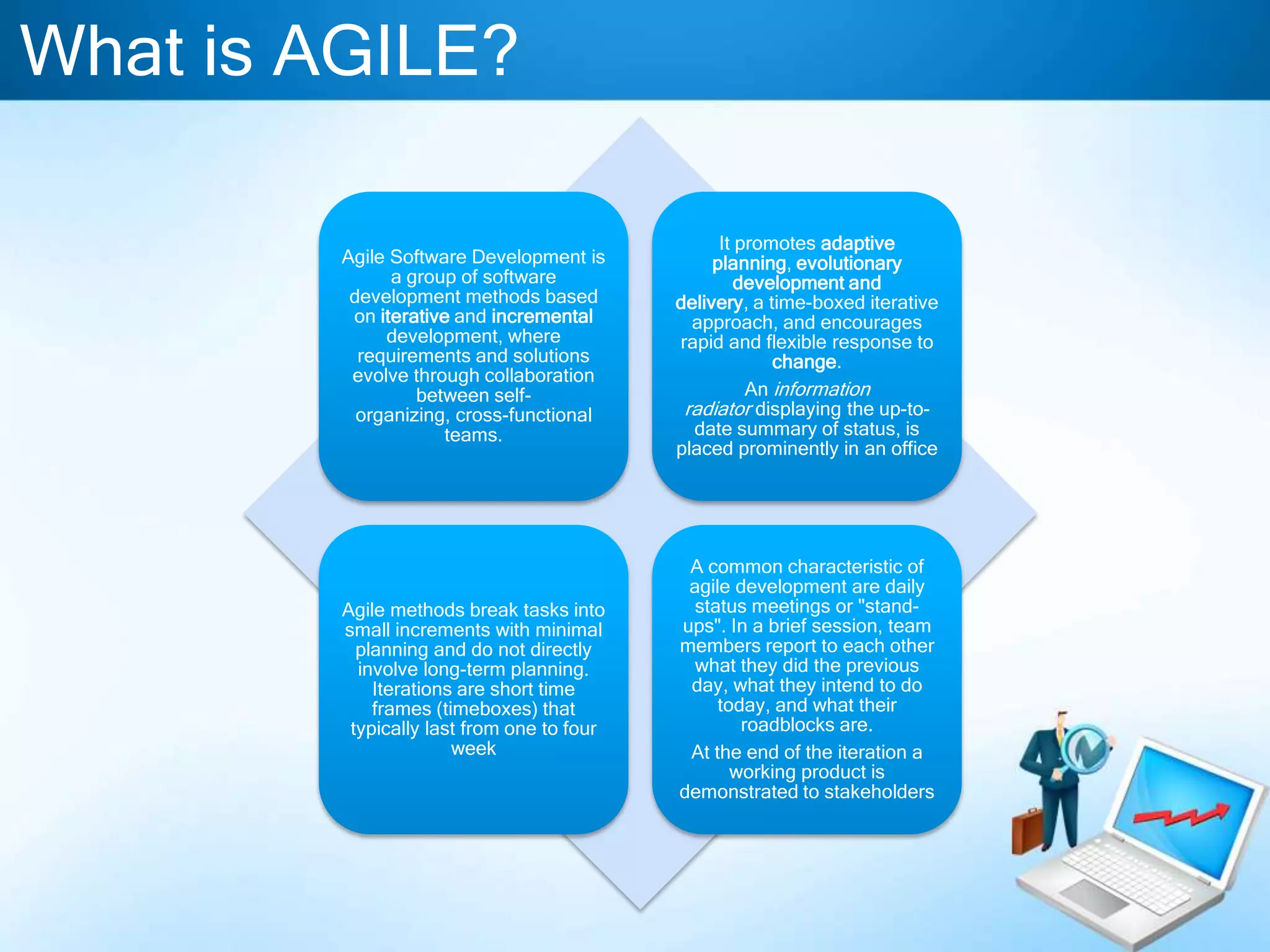 What is AGILE?
Agile Software Development is
a group of software
development methods based
on iterative and incremental
development, where
requirements and solutions
evolve through collaboration
between selforganizing, cross-functional
teams.

It promotes adaptive
planning, evolutionary
development and
delivery, a time-boxed iterative
approach, and encourages
rapid and flexible response to
change.
An information
radiator displaying the up-todate summary of status, is
placed prominently in an office

Agile methods break tasks into
small increments with minimal
planning and do not directly
involve long-term planning.
Iterations are short time
frames (timeboxes) that
typically last from one to four
week

A common characteristic of
agile development are daily
status meetings or "standups". In a brief session, team
members report to each other
what they did the previous
day, what they intend to do
today, and what their
roadblocks are.
At the end of the iteration a
working product is
demonstrated to stakeholders

 