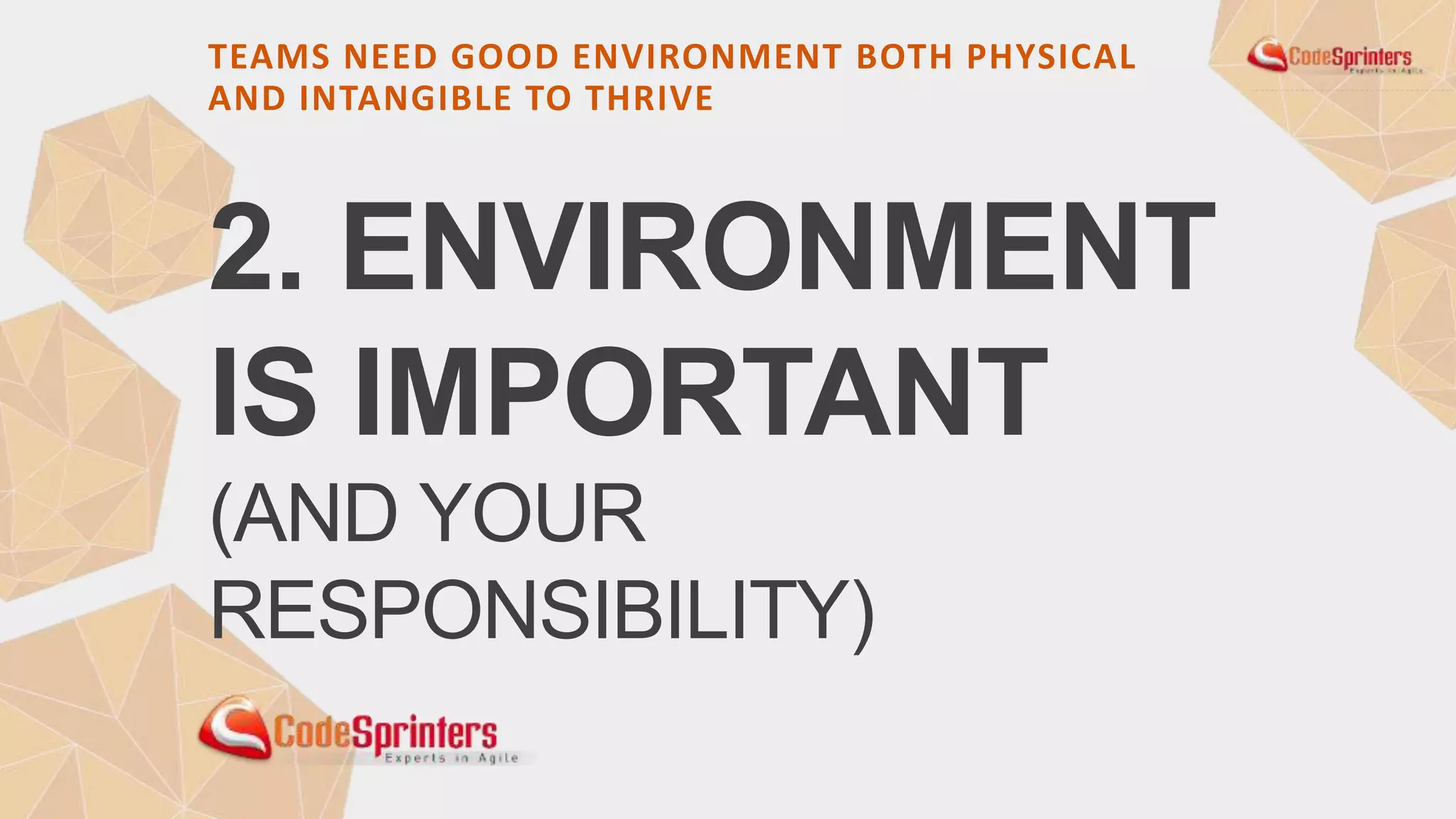 2. ENVIRONMENT
IS IMPORTANT
(AND YOUR
RESPONSIBILITY)
TEAMS NEED GOOD ENVIRONMENT BOTH PHYSICAL
AND INTANGIBLE TO THRIVE
 