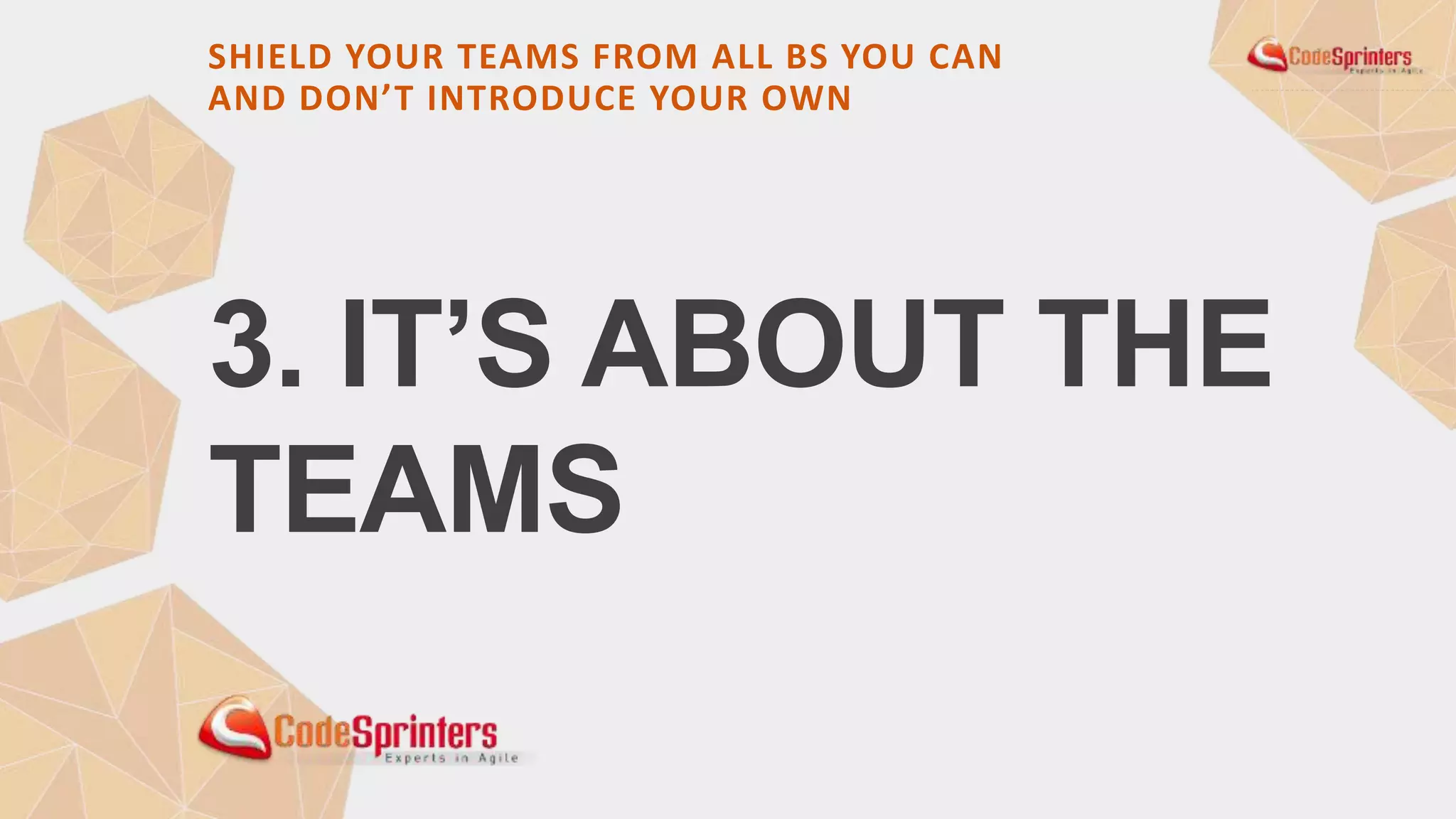 3. IT’S ABOUT THE
TEAMS
SHIELD YOUR TEAMS FROM ALL BS YOU CAN
AND DON’T INTRODUCE YOUR OWN
 