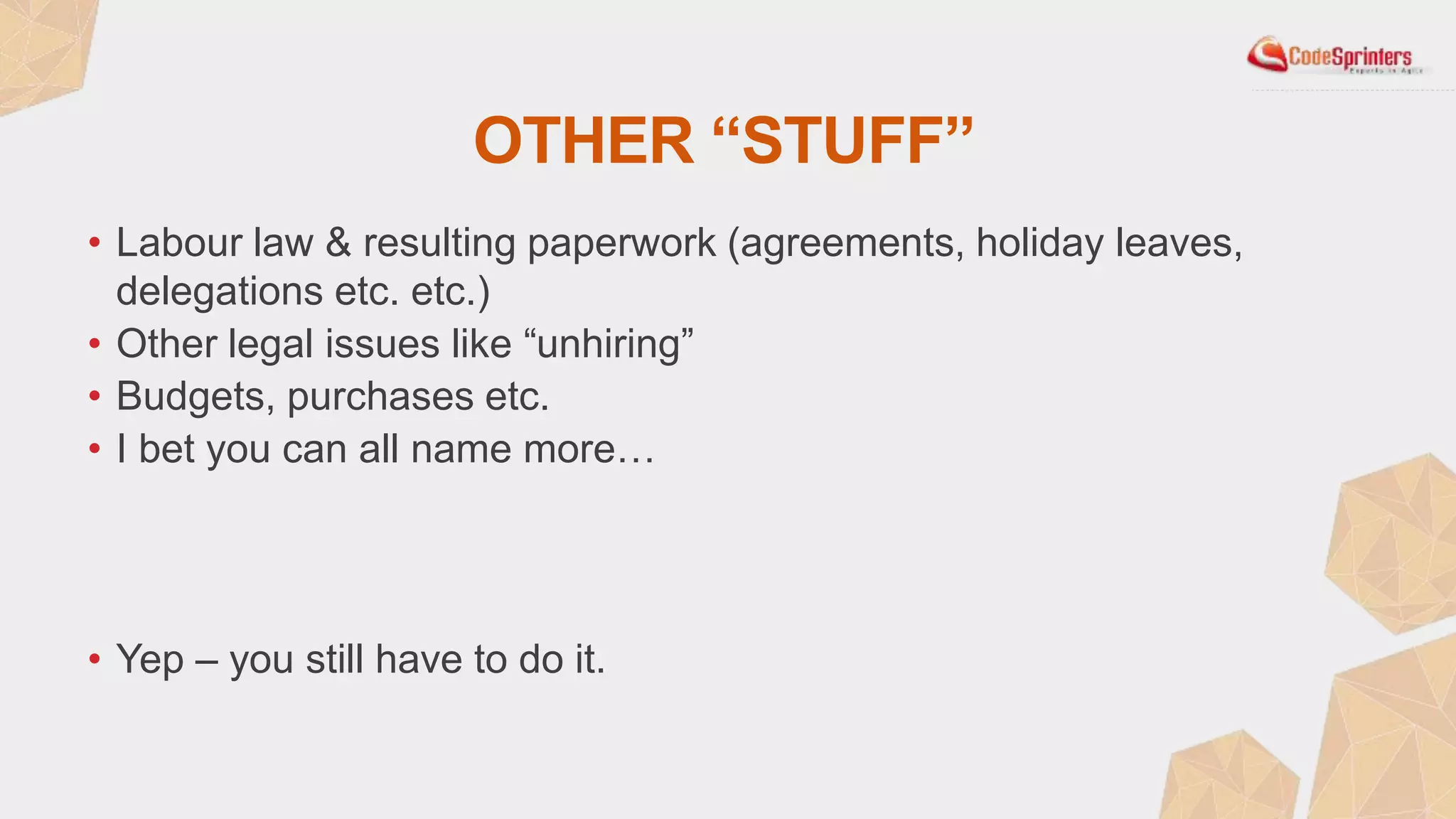 OTHER “STUFF”
• Labour law & resulting paperwork (agreements, holiday leaves,
delegations etc. etc.)
• Other legal issues like “unhiring”
• Budgets, purchases etc.
• I bet you can all name more…
• Yep – you still have to do it.
 
