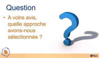Question
• A votre avis,
  quelle approche
  avons-nous
  sélectionnée ?
 