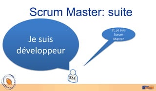 Scrum Master: suite
                 Et, je suis
                  Scrum
   Je suis        Master


développeur
 