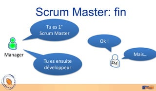 Scrum Master: fin
             Tu es 1°
          Scrum Master
                           Ok !

Manager                           Mais…
           Tu es ensuite
           développeur
 