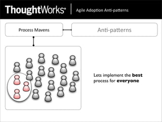 !"#$%&!'()*(+&!+*,)-.%/+0&



Process	
  Mavens             An<-­‐paEerns




                            Lets implement the best
                            process for everyone
 
