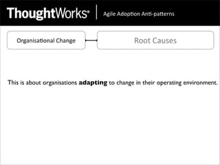 !"#$%&!'()*(+&!+*,)-.%/+0&



   Organisa<onal	
  Change                    Root	
  Causes



This is about organisations adapting to change in their operating environment.
 