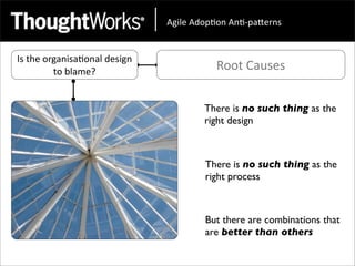 !"#$%&!'()*(+&!+*,)-.%/+0&


Is	
  the	
  organisa<onal	
  design	
  
               to	
  blame?                           Root	
  Causes


                                                   There is no such thing as the
                                                   right design



                                                   There is no such thing as the
                                                   right process



                                                   But there are combinations that
                                                   are better than others
 