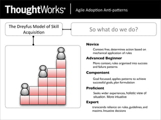 !"#$%&!'()*(+&!+*,)-.%/+0&


The	
  Dreyfus	
  Model	
  of	
  Skill	
  
          Acquisi<on                               So	
  what	
  do	
  we	
  do?

                                                  Novice
                                                     Context free, determines action based on
                                                     mechanical application of rules
                                                  Advanced Beginner
                                                     More context, rules organised into success
                                                     and failure patterns
                                                  Compentent
                                                     Goal focussed, applies patterns to achieve
                                                     successful goals, plan formulation
                                                  Proﬁcient
                                                     Seeks wider experiences, holistic view of
                                                     situation. More intuative
                                                  Expert
                                                     transcends reliance on rules, guidelines, and
                                                     maxims. Intuative decsions
 