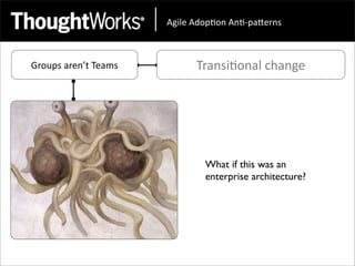 !"#$%&!'()*(+&!+*,)-.%/+0&



Groups	
  aren’t	
  Teams         Transi<onal	
  change




                                    What if this was an
                                    enterprise architecture?
 