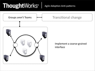 !"#$%&!'()*(+&!+*,)-.%/+0&



Groups	
  aren’t	
  Teams         Transi<onal	
  change




                                    Implement	
  a	
  coarse-­‐grained	
  
                                    interface
 