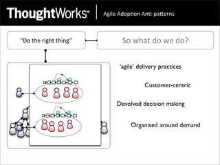 !"#$%&!'()*(+&!+*,)-.%/+0&



“Do	
  the	
  right	
  thing”         So	
  what	
  do	
  we	
  do?

                                     ‘agile’ delivery practices

                                               Customer-centric

                                    Devolved decision making


                                         Organised around demand
 