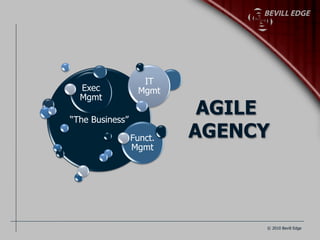 IT
  Exec            Mgmt
  Mgmt

“The Business”
                           AGILE
                 Funct.   AGENCY
                 Mgmt




                               © 2010 Bevill Edge
 