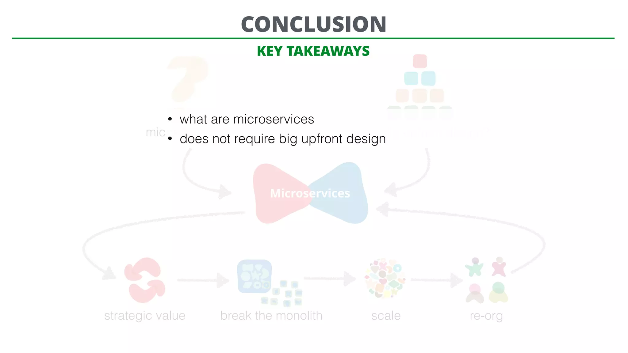 microservices? need big upfront design?
Microservices
strategic value break the monolith scale re-org
CONCLUSION
• what are microservices
• does not require big upfront design
KEY TAKEAWAYS
 