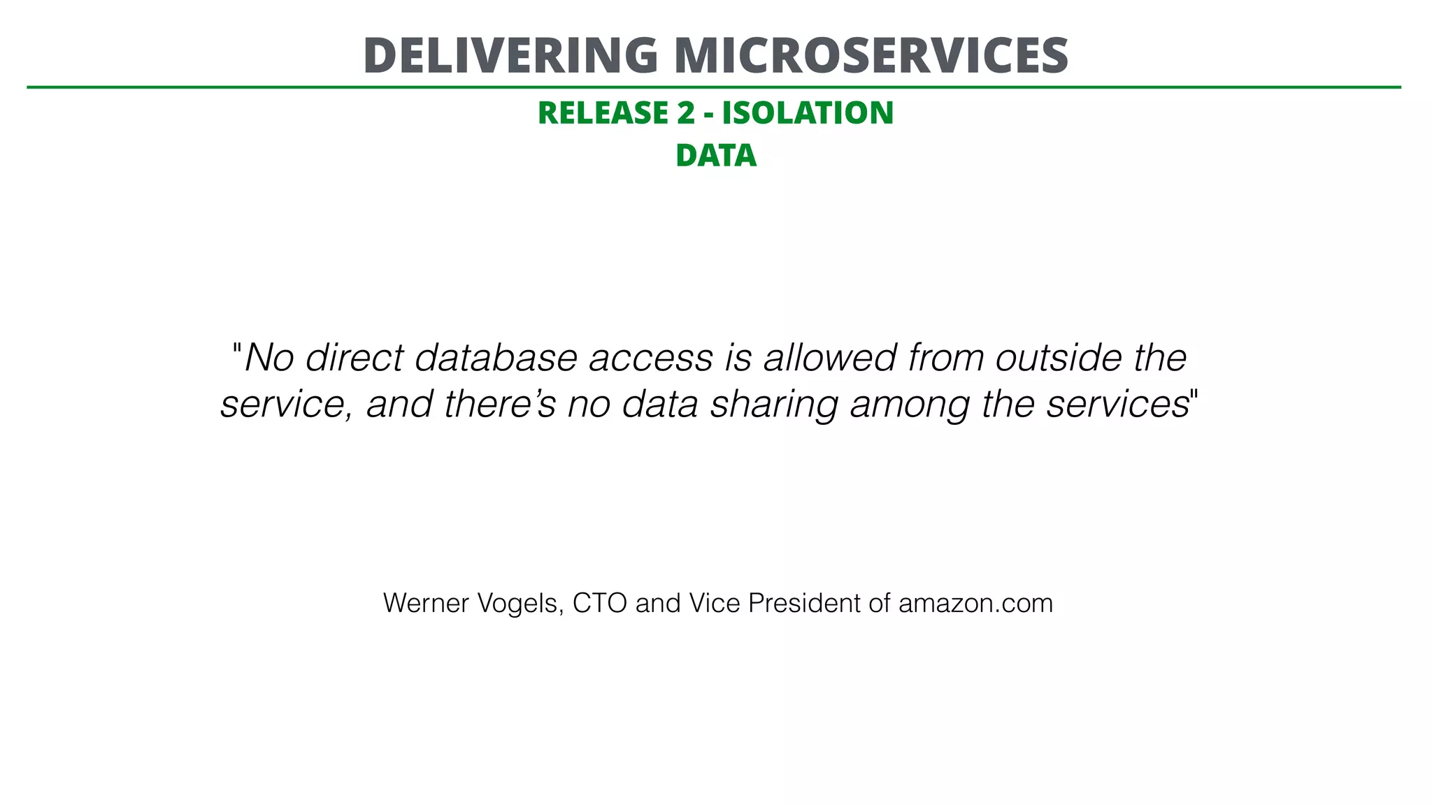 RELEASE 2 - ISOLATION
DATA
"No direct database access is allowed from outside the
service, and there’s no data sharing among the services"
Werner Vogels, CTO and Vice President of amazon.com
DELIVERING MICROSERVICES
 
