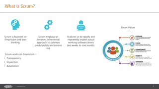 7
CONFIDENTIAL
What is Scrum?
Scrum is founded on
Empiricism and lean
thinking.
Scrum employs an
iterative, incremental
approach to optimize
predictability and control
risk
It allows us to rapidly and
repeatedly inspect actual
working software (every
two weeks to one month).
Scrum works on Empiricism –
• Transparency
• Inspection
• Adaptation
Scrum Values
 