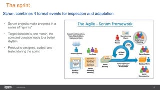 8
CONFIDENTIAL
The sprint
Scrum combines 4 formal events for inspection and adaptation
• Scrum projects make progress in a
series of “sprints”
• Target duration is one month, the
constant duration leads to a better
rhythm
• Product is designed, coded, and
tested during the sprint
 