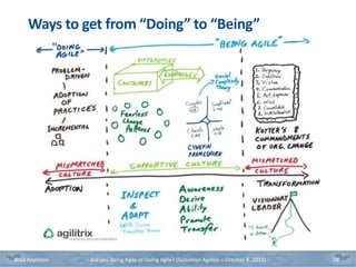 Ways to get from “Doing” to “Being”
Brad Appleton Are you Being Agile or Doing Agile? (Suburban Agilists – October 8, 2019) 28
 
