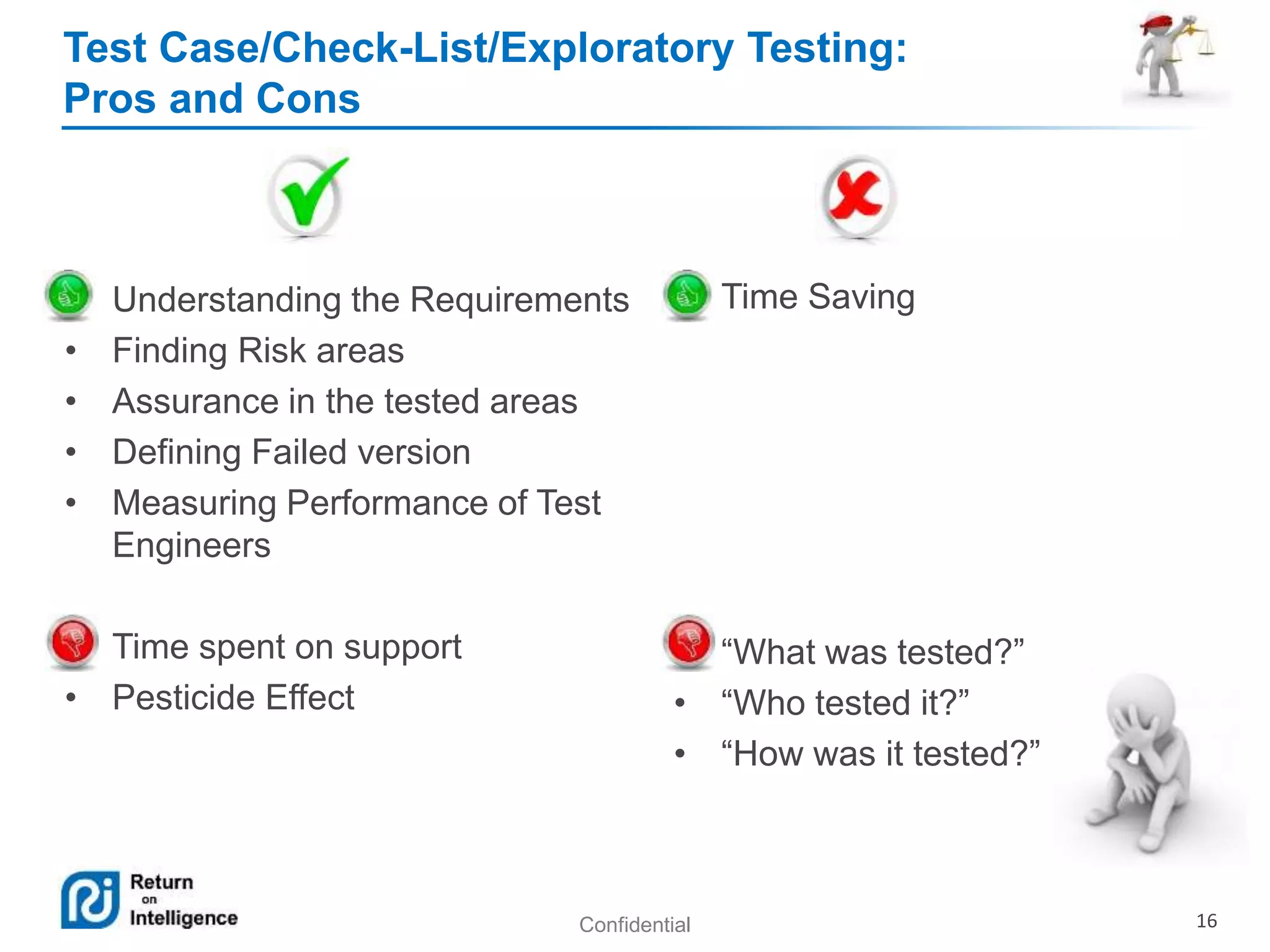 Test Case/Check-List/Exploratory Testing: 
Pros and Cons 
• Understanding the Requirements 
• Finding Risk areas 
• Assurance in the tested areas 
• Defining Failed version 
• Measuring Performance of Test 
Confidential 16 
Engineers 
• Time spent on support 
• Pesticide Effect 
• Time Saving 
• “What was tested?” 
• “Who tested it?” 
• “How was it tested?” 
 