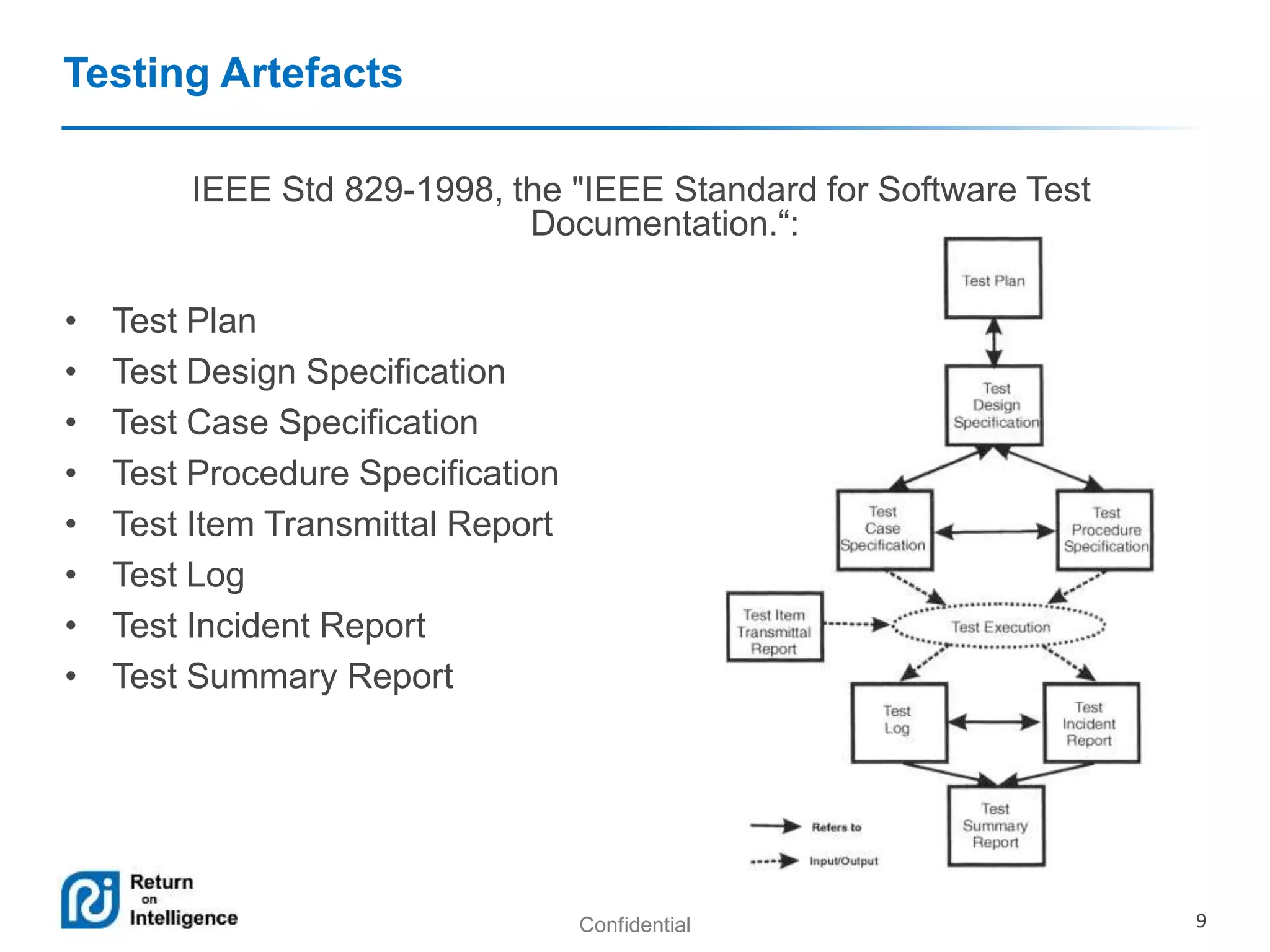 Confidential 9 
Testing Artefacts 
IEEE Std 829-1998, the "IEEE Standard for Software Test 
Documentation.“: 
• Test Plan 
• Test Design Specification 
• Test Case Specification 
• Test Procedure Specification 
• Test Item Transmittal Report 
• Test Log 
• Test Incident Report 
• Test Summary Report 
 