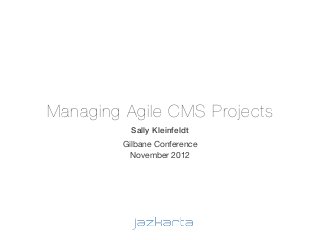 Managing Agile CMS Projects
           Sally Kleinfeldt
         Gilbane Conference
          November 2012
 