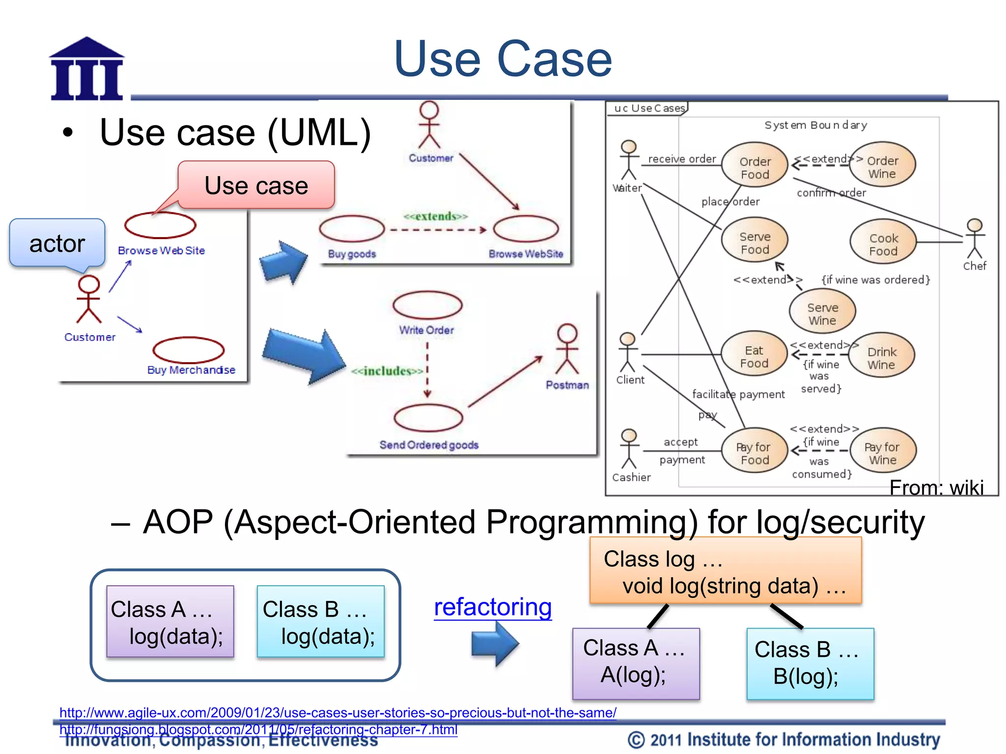 Use Case
  • Use case (UML)
                        Use case

actor




                                                                                                                  From: wiki
          – AOP (Aspect-Oriented Programming) for log/security
                                                                                      Class log …
                                                                                        void log(string data) …
         Class A …               Class B …                  refactoring
           log(data);              log(data);
                                                                                   Class A …         Class B …
                                                                                    A(log);            B(log);
  http://www.agile-ux.com/2009/01/23/use-cases-user-stories-so-precious-but-not-the-same/
  http://fungsiong.blogspot.com/2011/05/refactoring-chapter-7.html
 