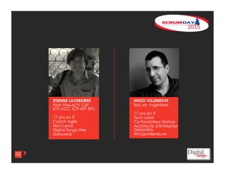 202
ETIENNE LAVERDIÈRE
PMP, PMI-ACP, CSP,
ICP-ACC, ICP-ATF, SPC
17 ans en IT
Coach Agile
Tech Lead
Digital Tango ltée
@elaverdi
HUGO VILLENEUVE
Bac en Ingénierie
17 ans en IT
Tech Lead
Co-Fondateur Startup
Architecte d’Entreprise
Desjardins.
@hugovilleneuve
 