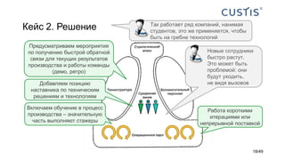 Кейс 2. Решение
Включаем обучение в процесс
производства – значительную
часть выполняют стажеры
Добавляем позицию
наставника по техническим
решениям и технологиям
Предусматриваем мероприятия
по получению быстрой обратной
связи для текущих результатов
производства и работы команды
(демо, ретро)
Так работает ряд компаний, нанимая
студентов, это же применяется, чтобы
быть на гребне технологий
Новые сотрудники
быстро растут.
Это может быть
проблемой: они
будут уходить,
не видя вызовов
Работа короткими
итерациями или
непрерывной поставкой
18/49
 